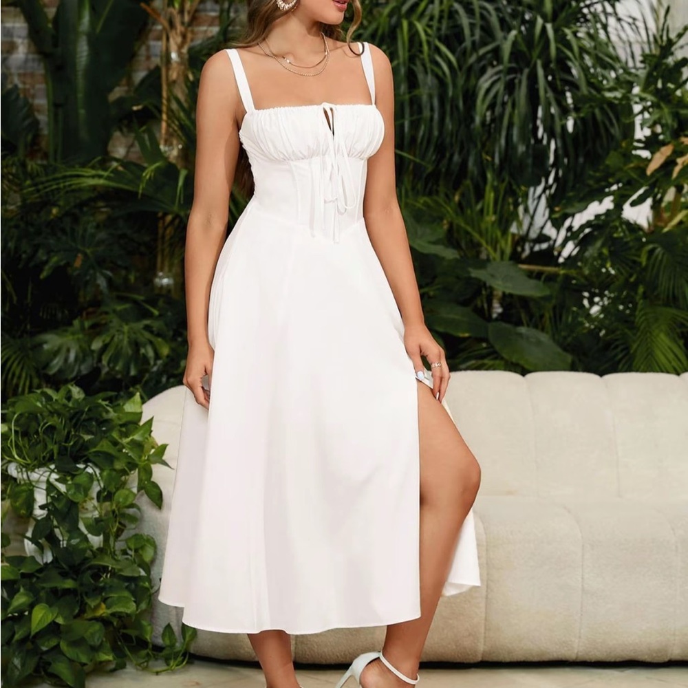 White Corset Midi Dress with Square Neckline